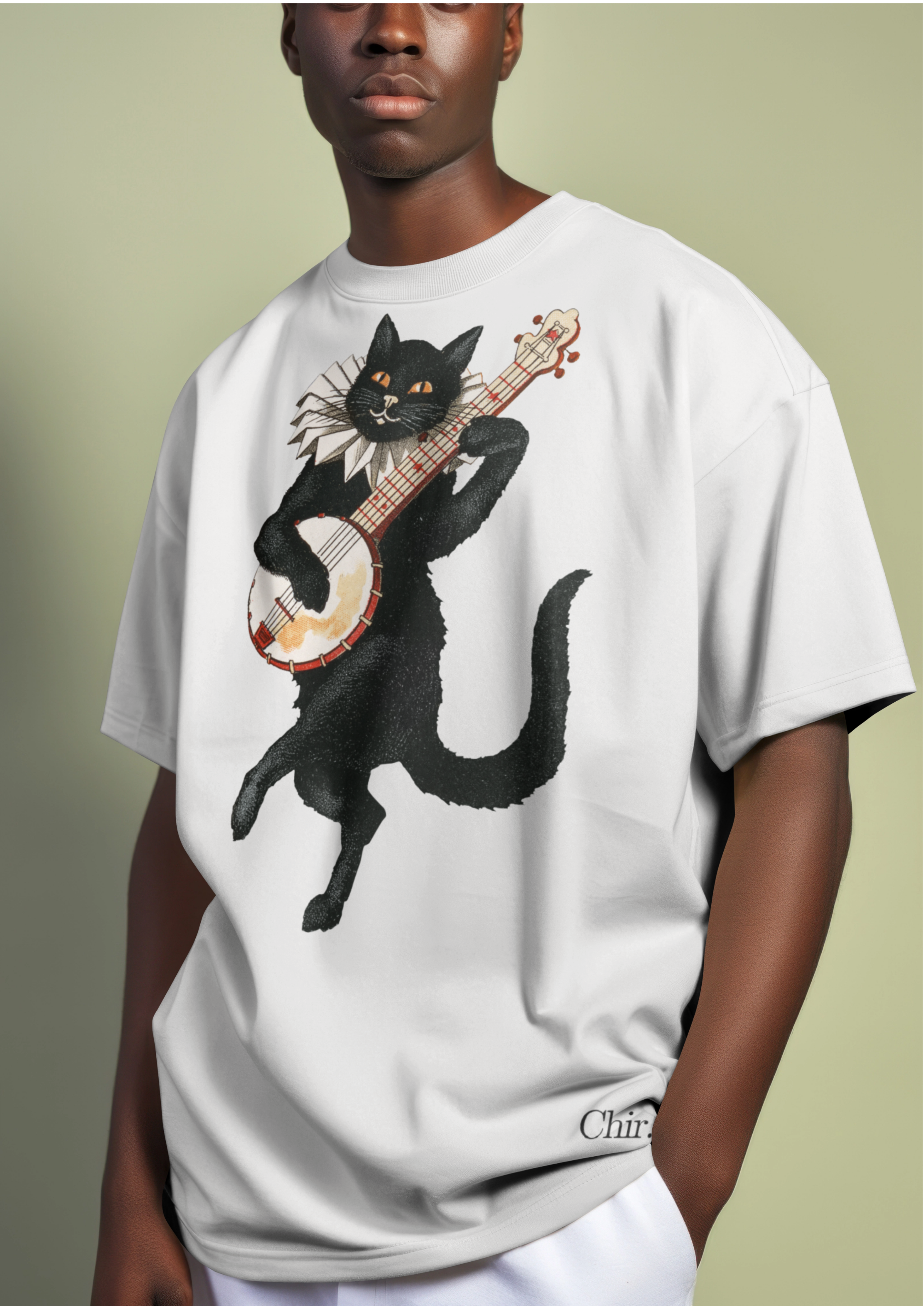 Bamboo Cotton Tshirt with Embroided Cat with Sitar